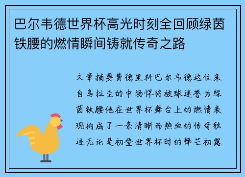 巴尔韦德世界杯高光时刻全回顾绿茵铁腰的燃情瞬间铸就传奇之路